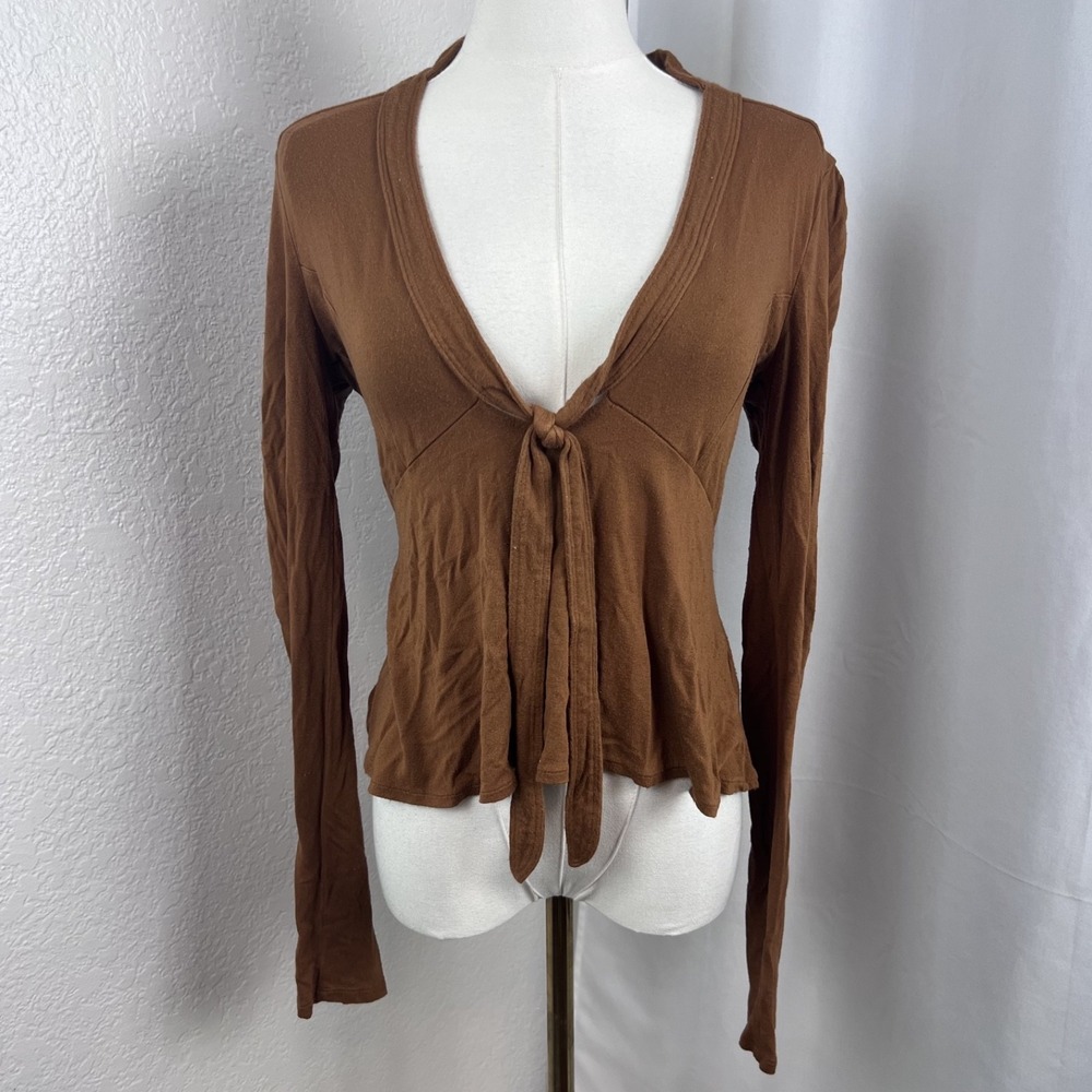 Free People Top Womens Small Brown Babydoll Tie Front Balletcore Coquette Y2K